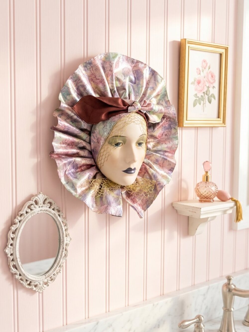 Vintage Ceramic or Porcelain Beautiful Lady Face Wall Mask Glam Purple Silver